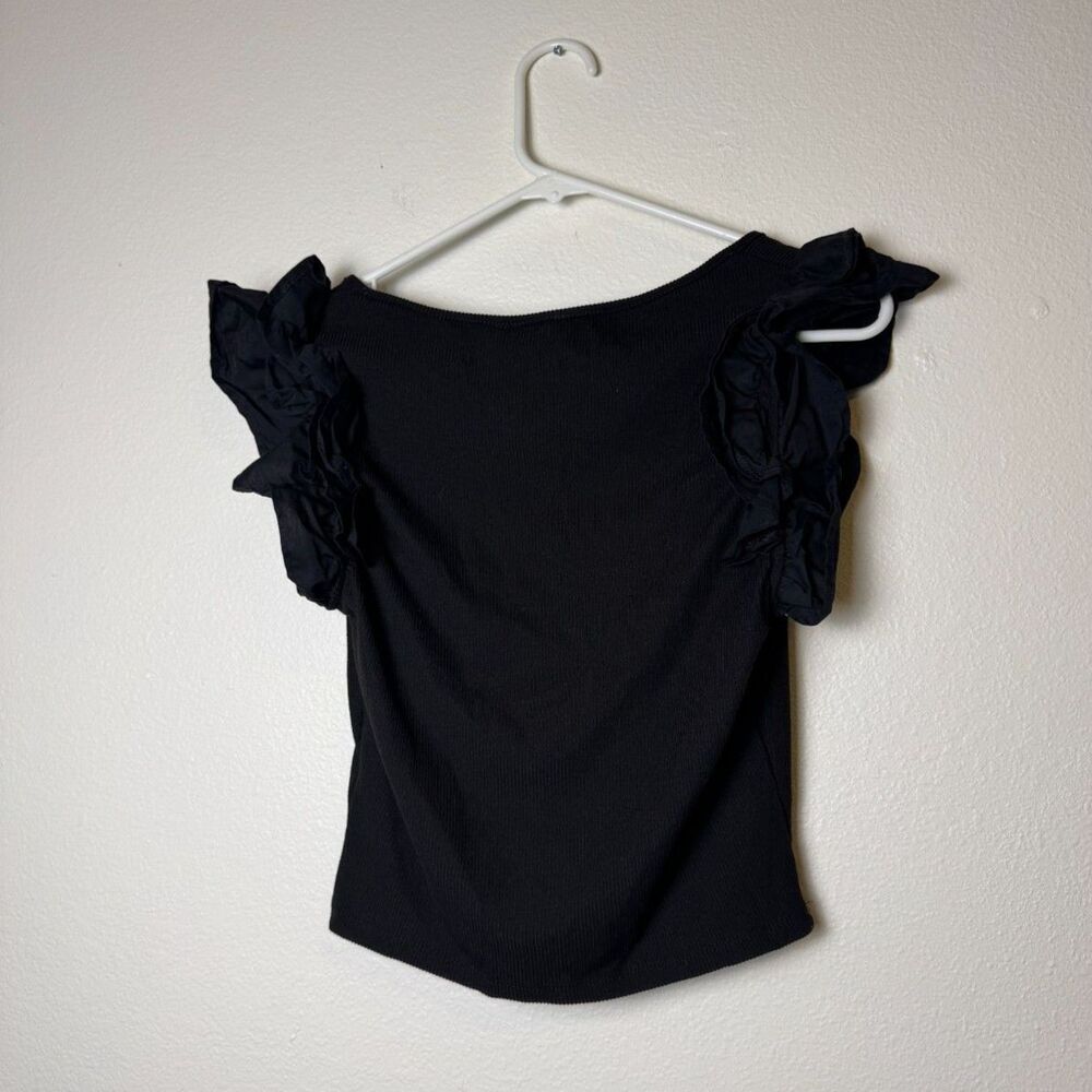 Iris Womens L Black Ribbed Crop Top Ruffle Puff Sleeve Stretch Casual‎ Blouse - Picture 2 of 7